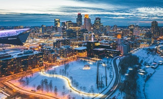 Minneapolis Winter Skyline Gold Medal Park Mississippi Riverfront